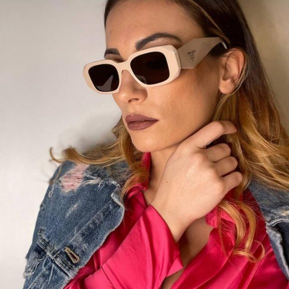 Prada PR17WS VYJ6X1 Sunglasses Powder Beige Brown Rectangle Unisex - Picture 7 of 12